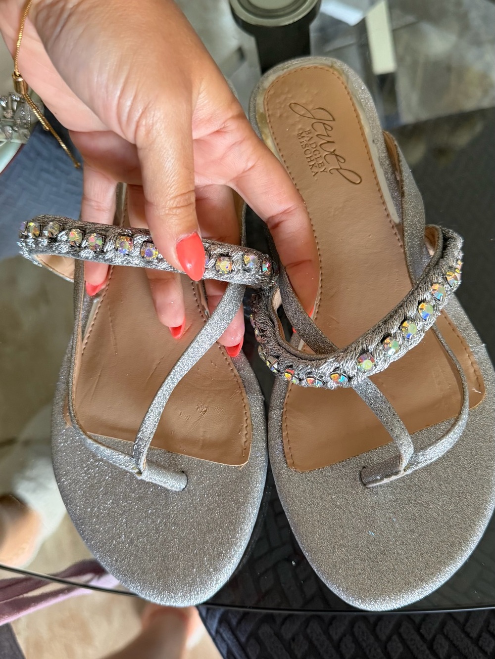 Jewel Badgley Mischka Silver Crystal-Embellished Toe-Loop Sandals
